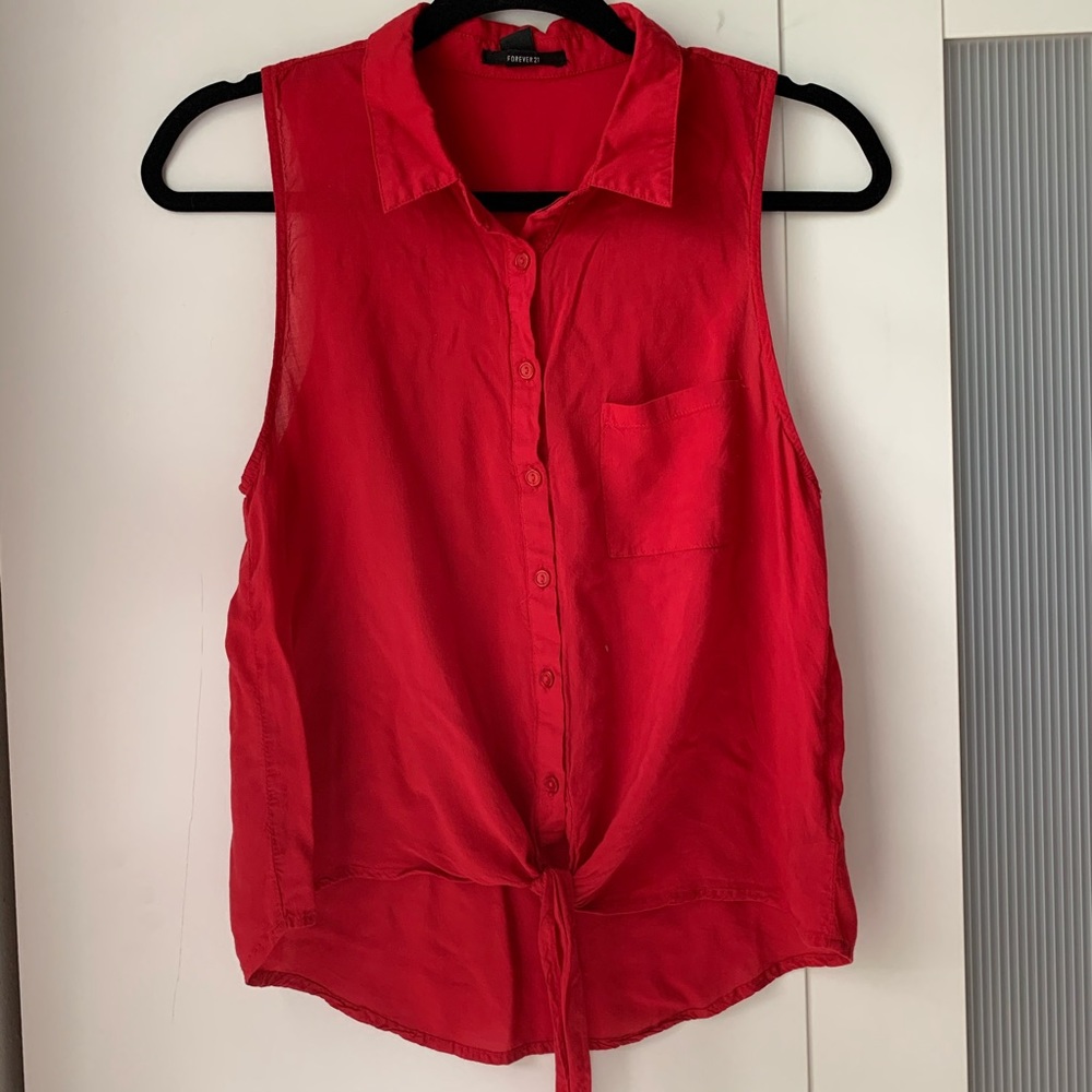 Button up front tie sleeveless top